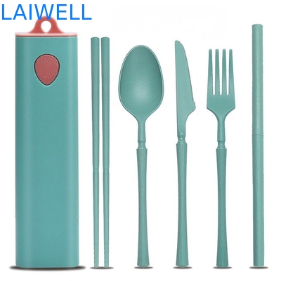 Green Sustainable Wheat Straw Fiber 5-PC Pull Out Cutlery Set Reusable Eco Tableware Accessories Elegant Design For Multiple Uses